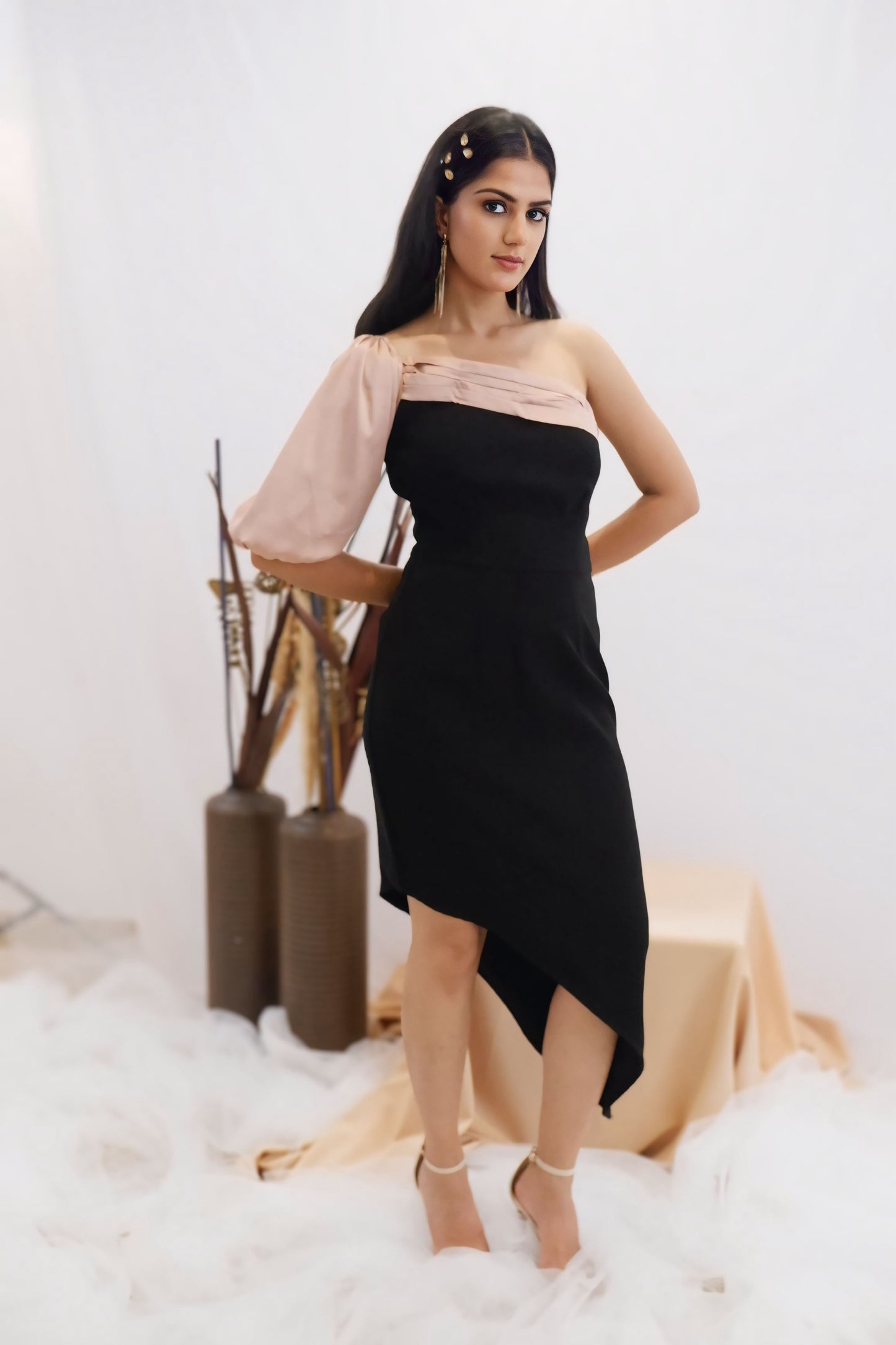 Blush & Black Asymmetric One-Shoulder Dress