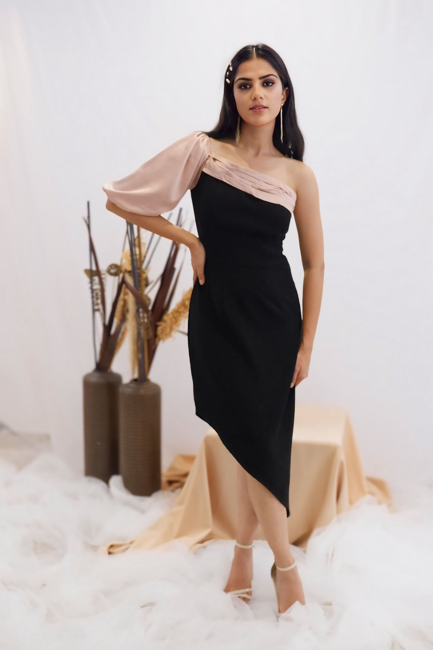 Blush & Black Asymmetric One-Shoulder Dress