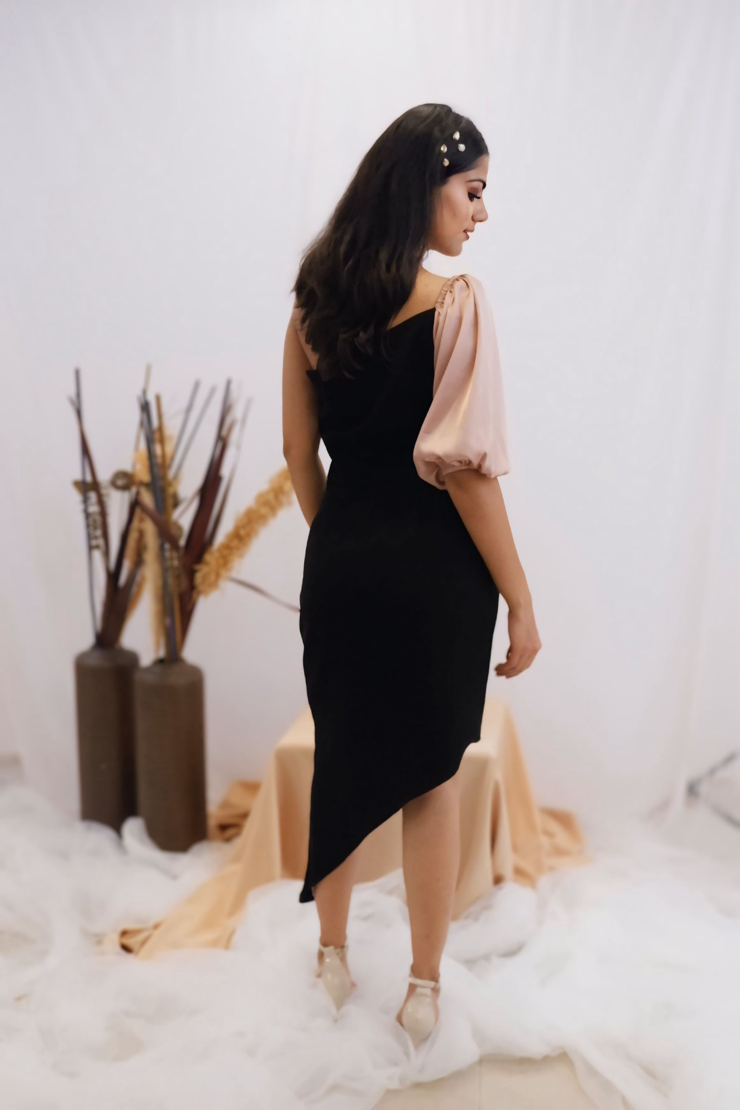 Blush & Black Asymmetric One-Shoulder Dress