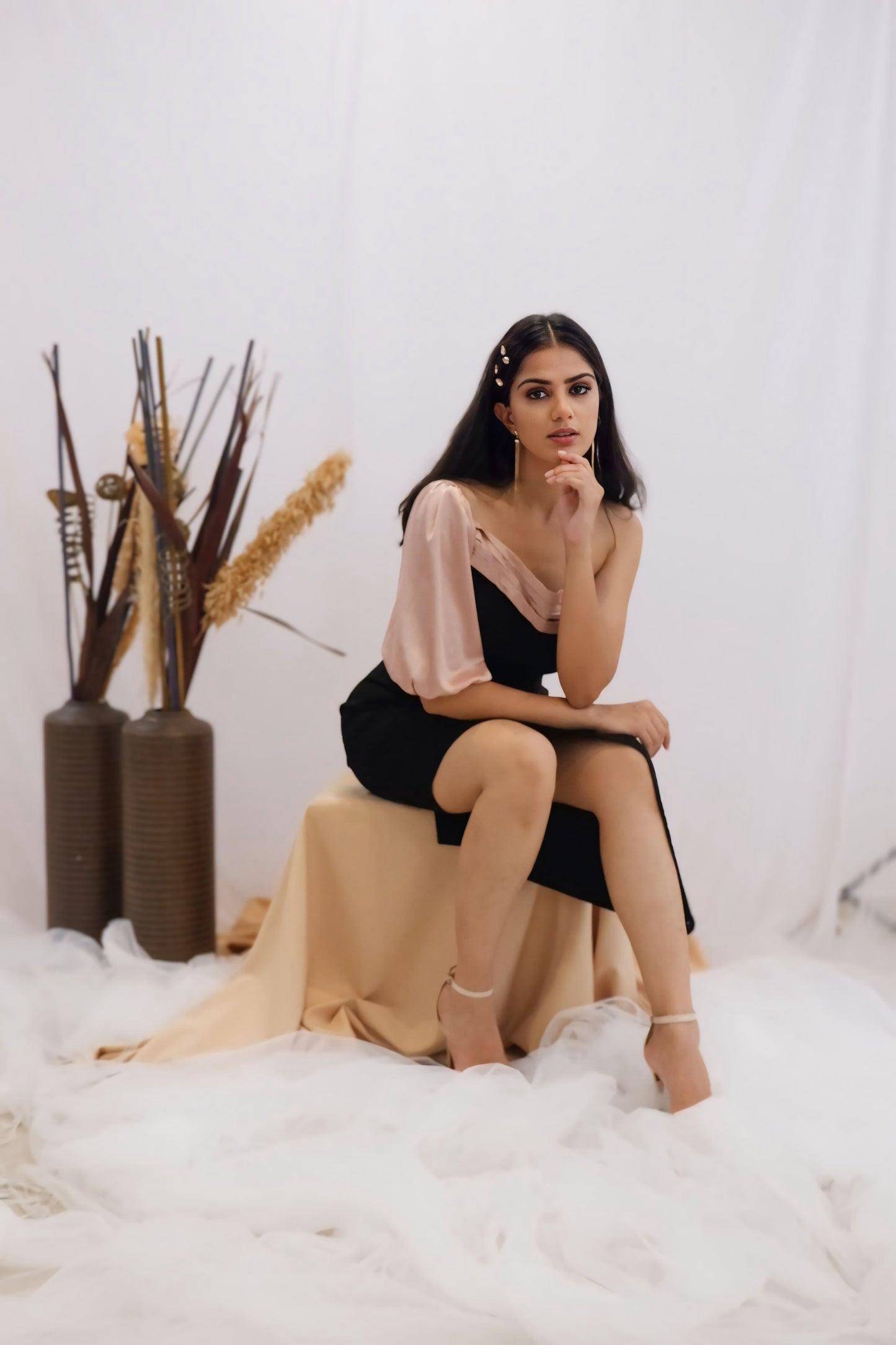 Blush & Black Asymmetric One-Shoulder Dress