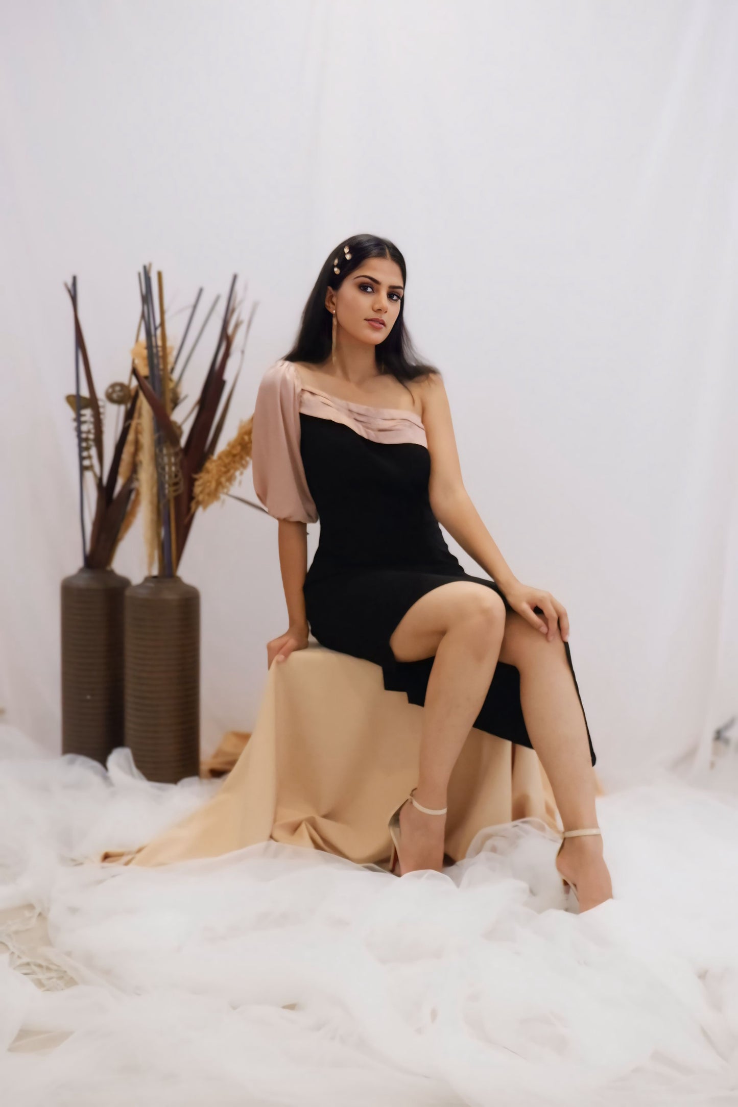 Blush & Black Asymmetric One-Shoulder Dress