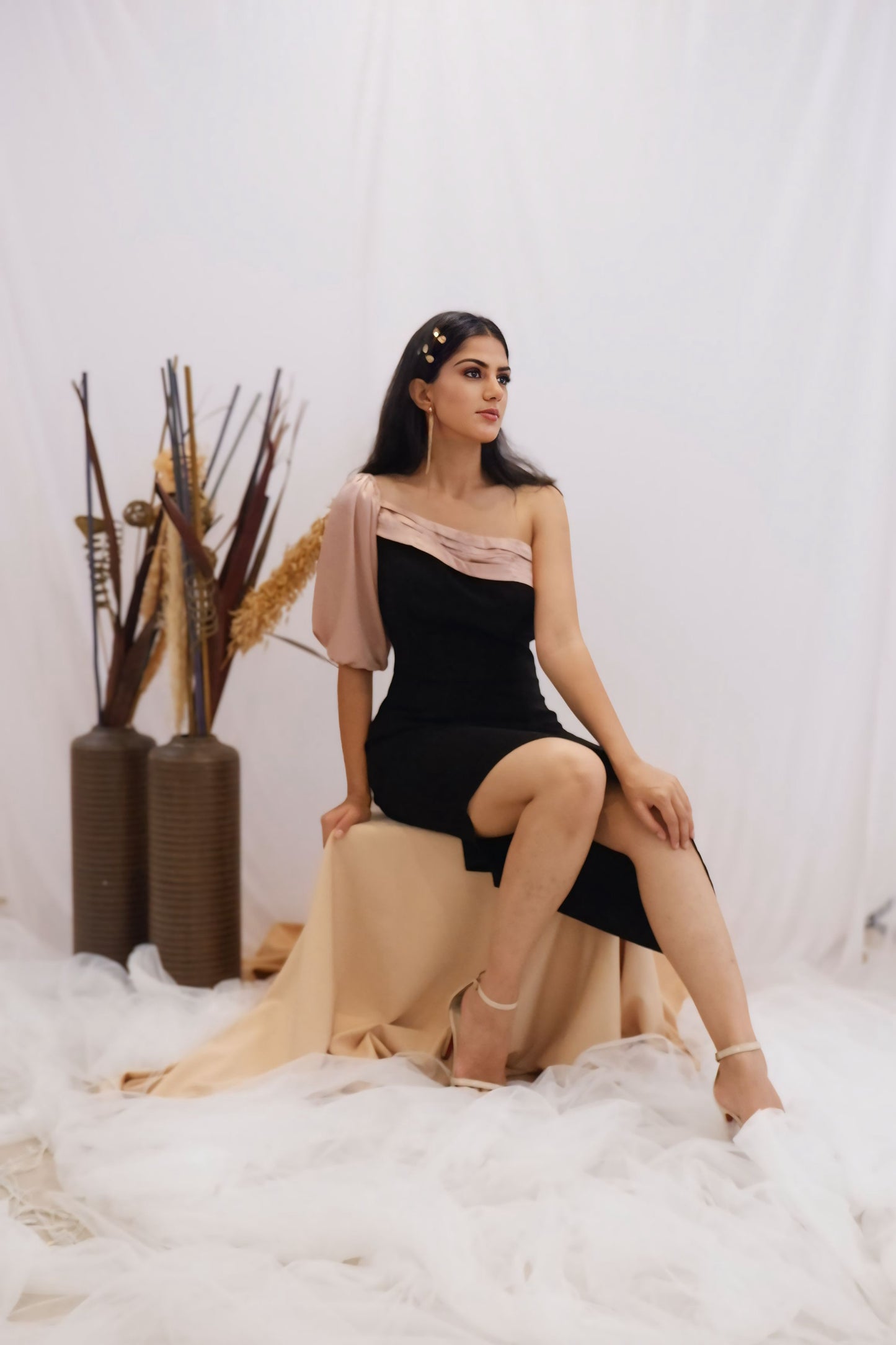 Blush & Black Asymmetric One-Shoulder Dress