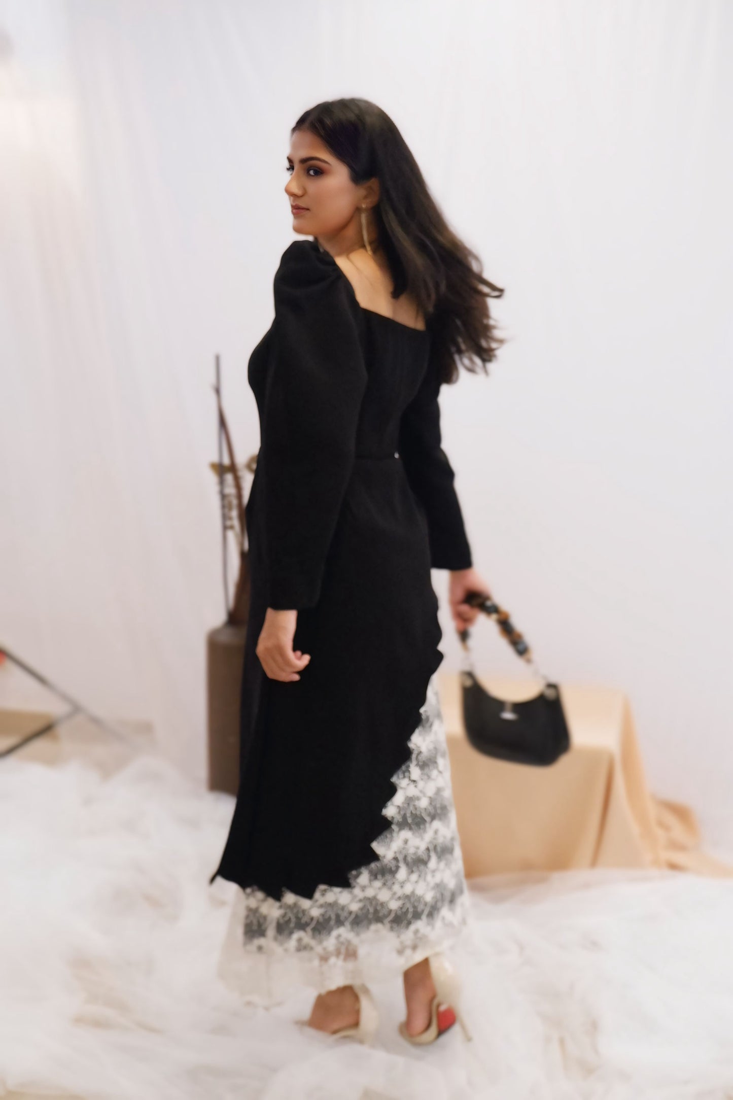 Black & Lace Contrast Midi Dress