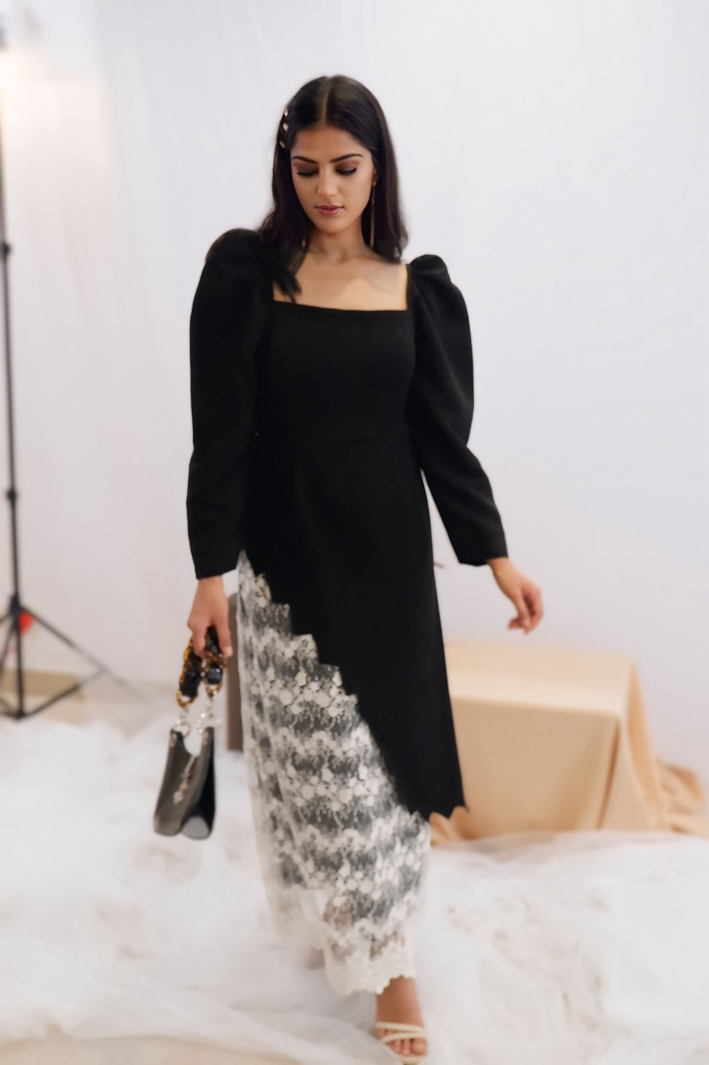 Black & Lace Contrast Midi Dress