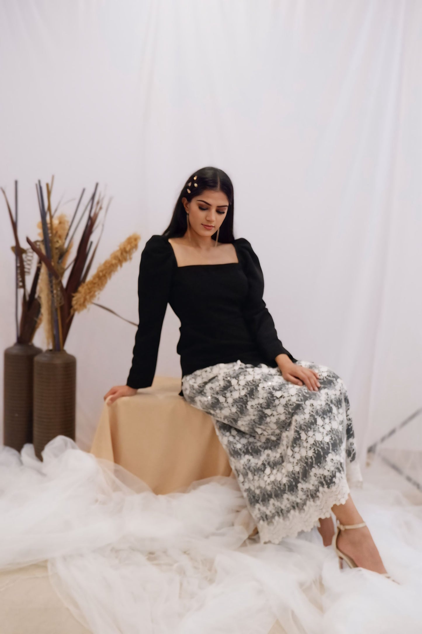 Black & Lace Contrast Midi Dress