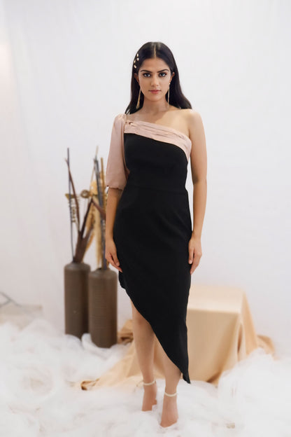 Blush & Black Asymmetric One-Shoulder Dress