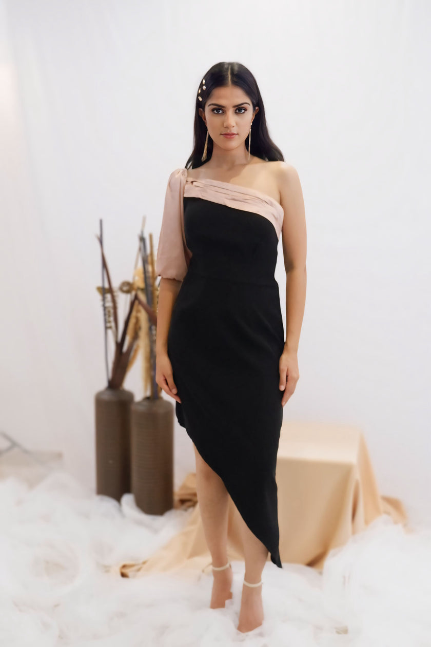 Blush & Black Asymmetric One-Shoulder Dress (Ready to Ship)