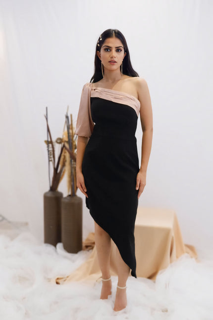 Blush & Black Asymmetric One-Shoulder Dress (Ready to Ship)