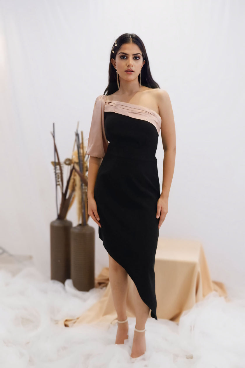 Blush & Black Asymmetric One-Shoulder Dress (Ready to Ship)