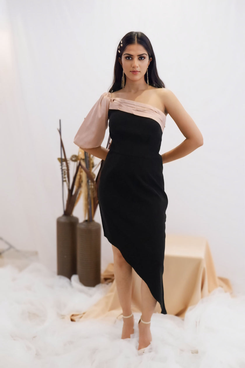 Blush & Black Asymmetric One-Shoulder Dress (Ready to Ship)