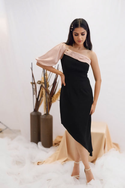 Blush & Black Asymmetric One-Shoulder Dress