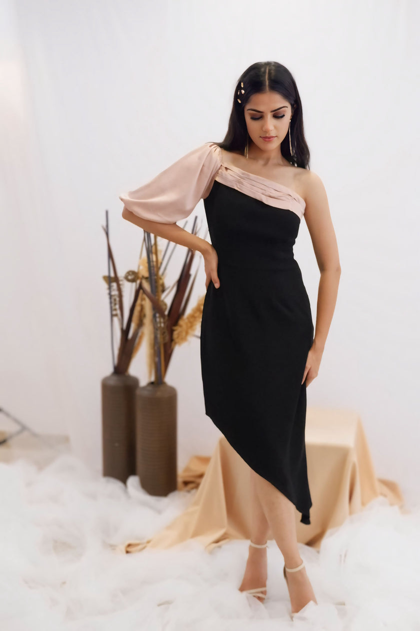 Blush & Black Asymmetric One-Shoulder Dress (Ready to Ship)