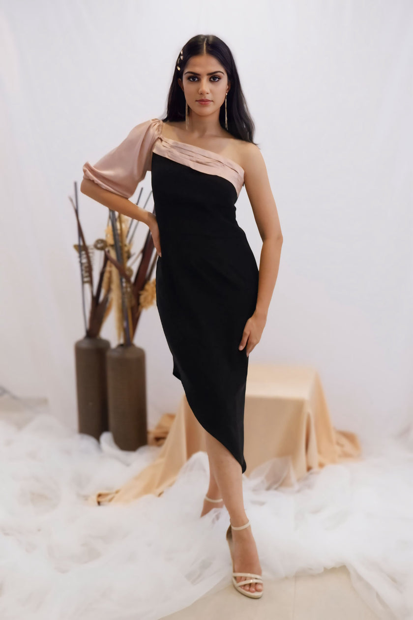 Blush & Black Asymmetric One-Shoulder Dress (Ready to Ship)