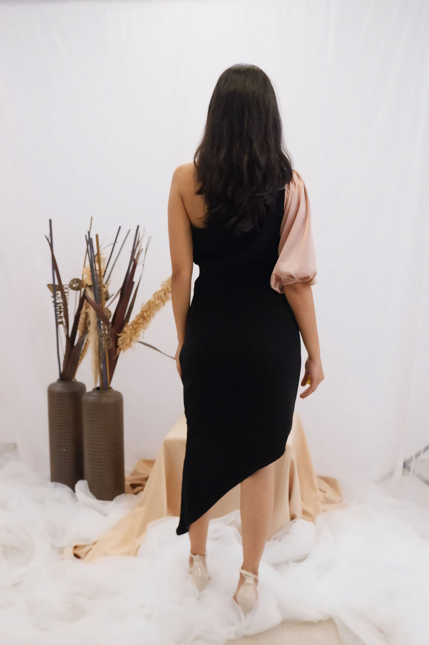 Blush & Black Asymmetric One-Shoulder Dress (Ready to Ship)