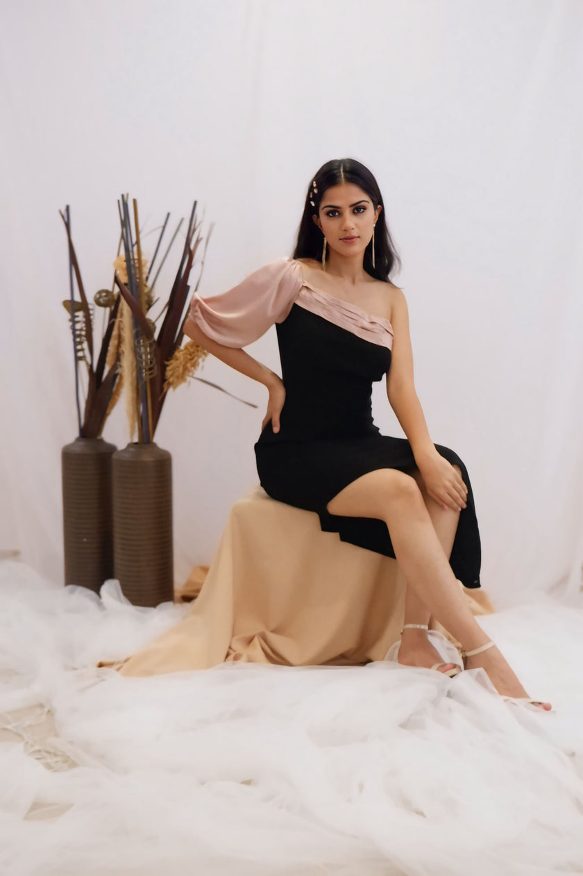 Blush & Black Asymmetric One-Shoulder Dress (Ready to Ship)