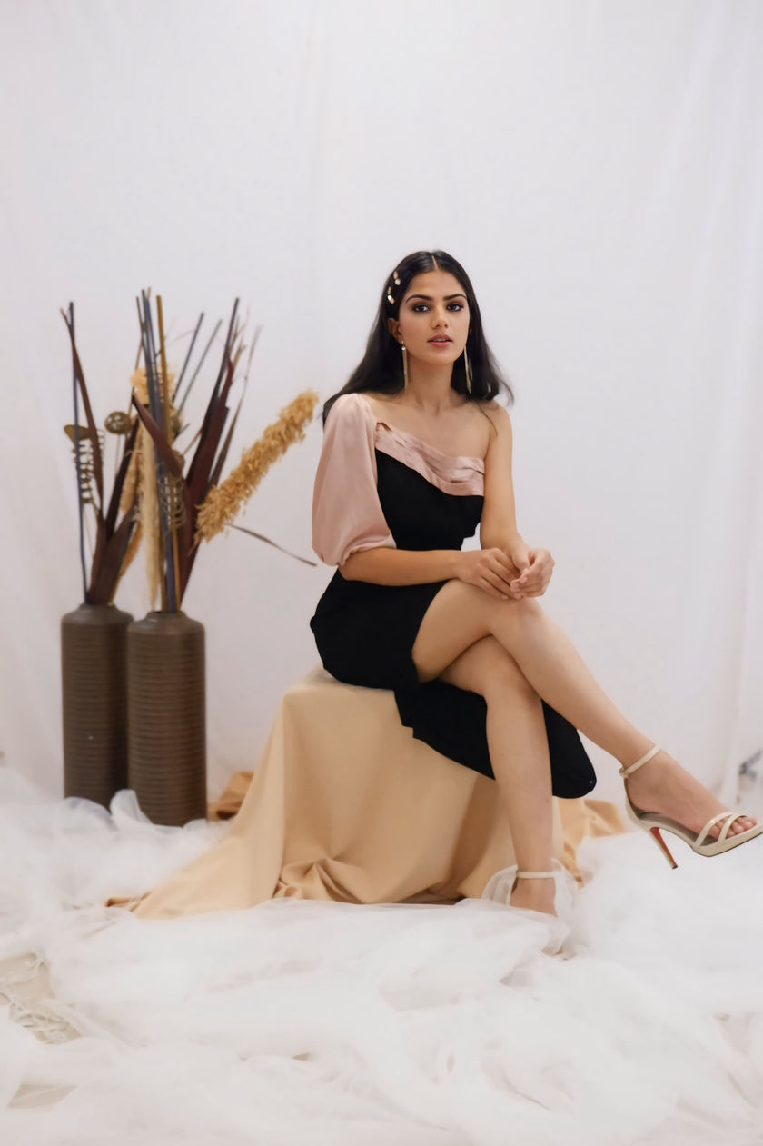 Blush & Black Asymmetric One-Shoulder Dress (Ready to Ship)