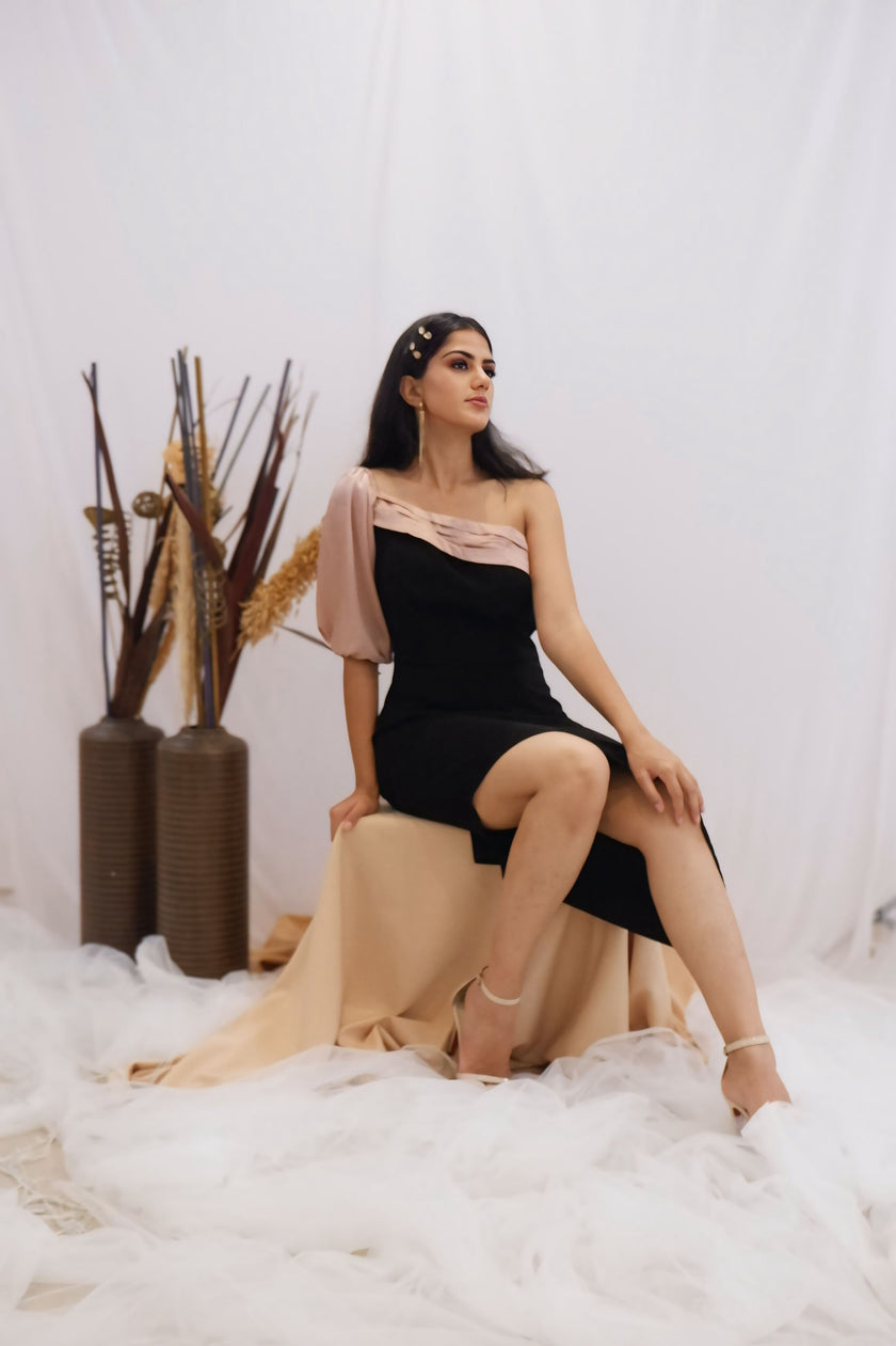 Blush & Black Asymmetric One-Shoulder Dress (Ready to Ship)