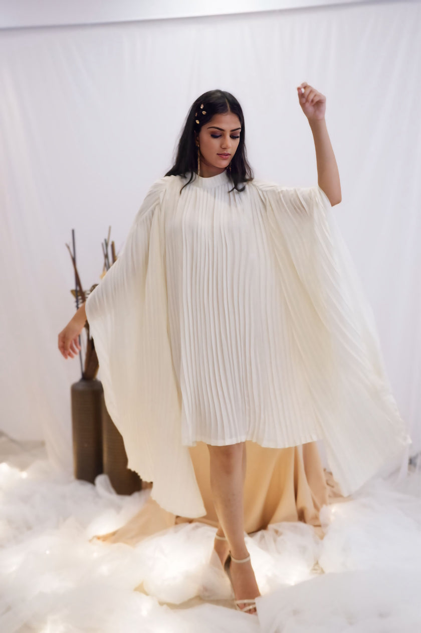 Freo Ivory Pleated Cape Dress