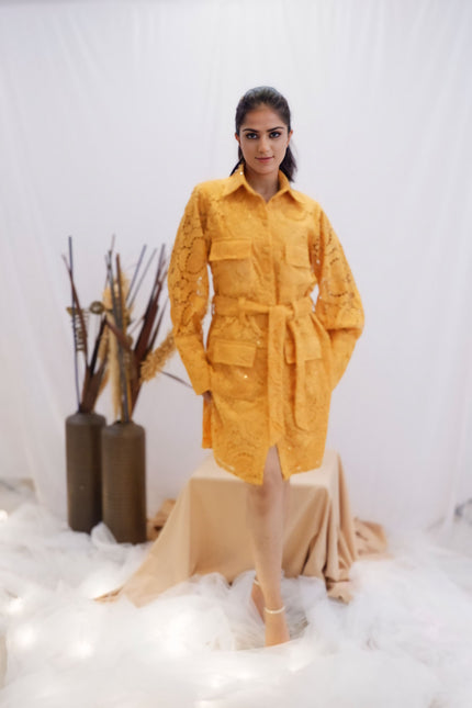 Freo Sunset Gold Lace Trench Dress