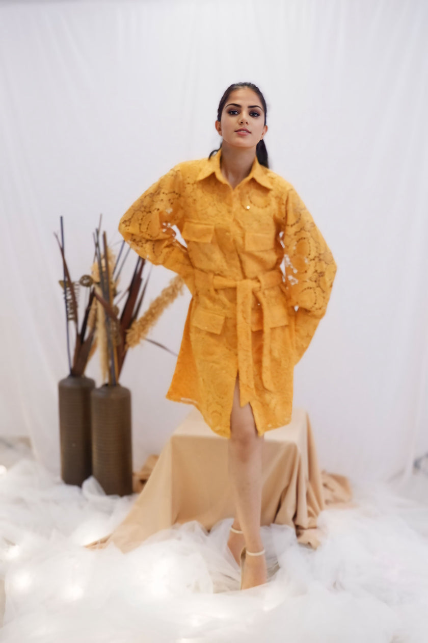 Freo Sunset Gold Lace Trench Dress