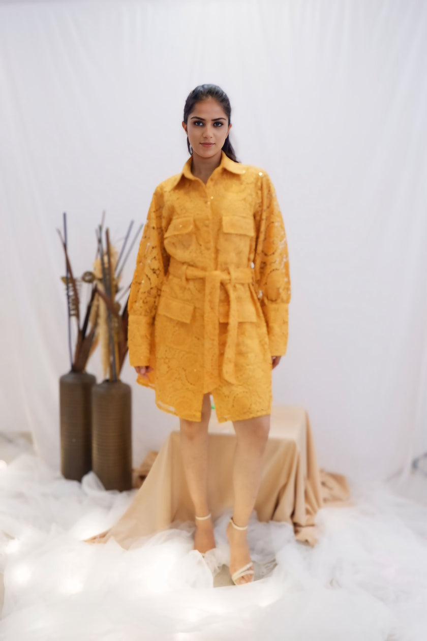 Freo Sunset Gold Lace Trench Dress