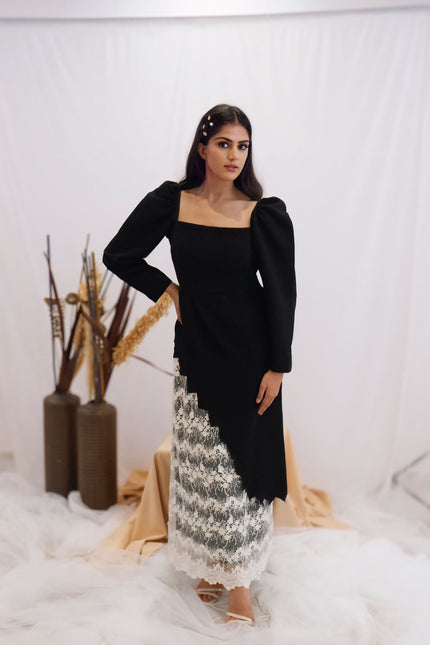 Black & Lace Contrast Midi Dress (Ready to Ship)