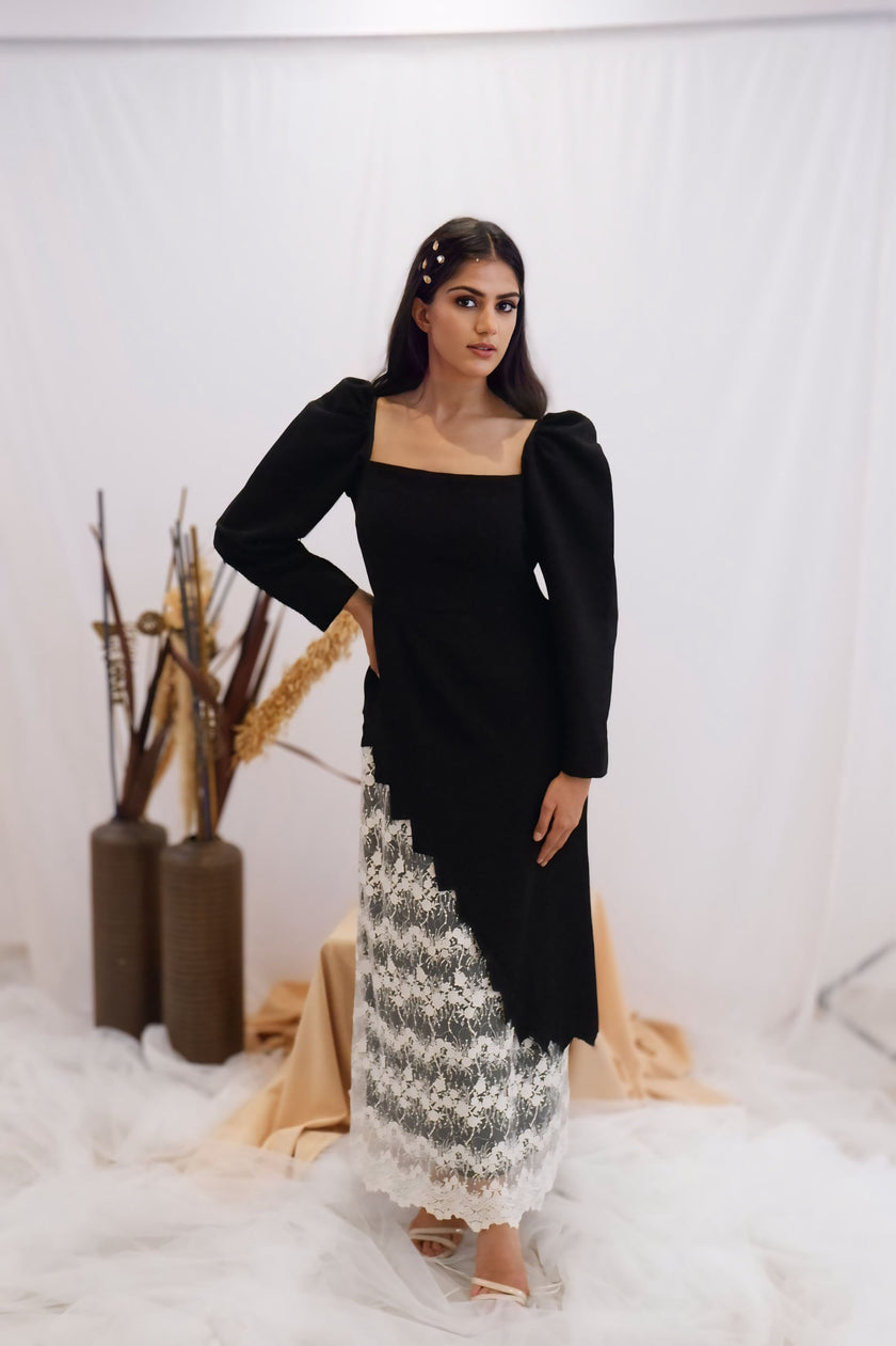 Black & Lace Contrast Midi Dress (Ready to Ship)