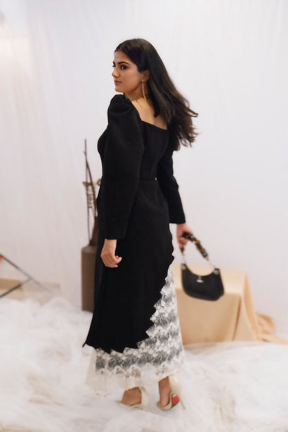 Black & Lace Contrast Midi Dress