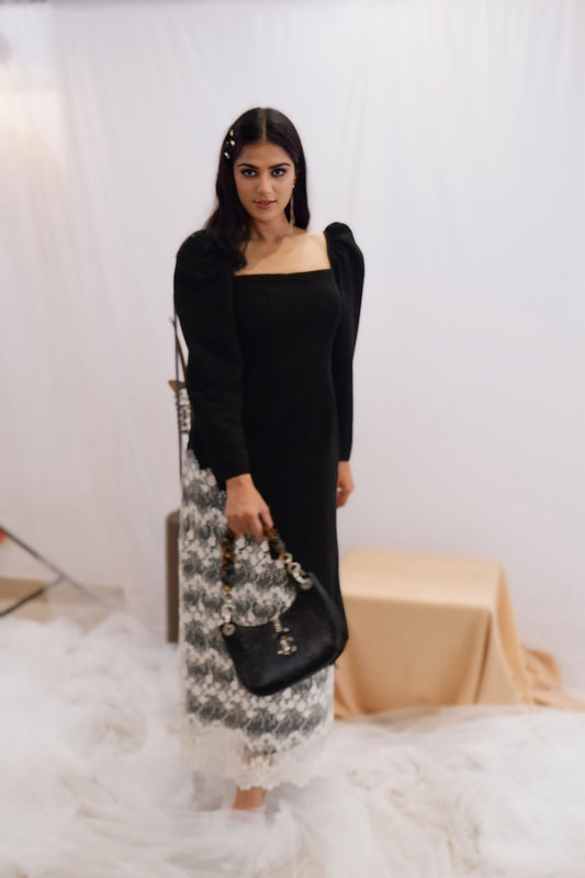 Black & Lace Contrast Midi Dress