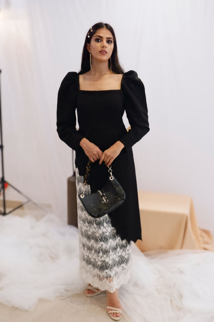 Black & Lace Contrast Midi Dress (Ready to Ship)