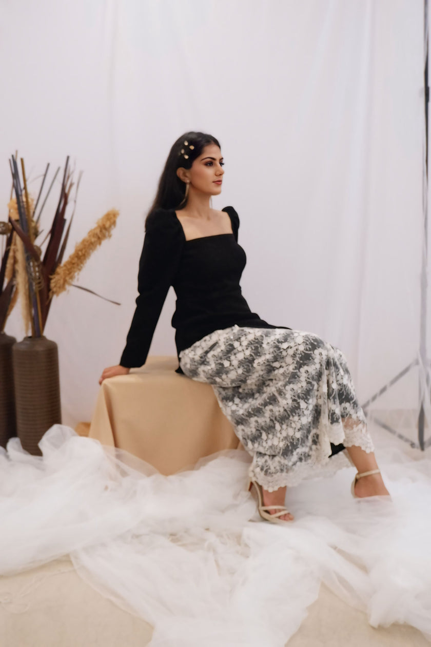 Black & Lace Contrast Midi Dress (Ready to Ship)