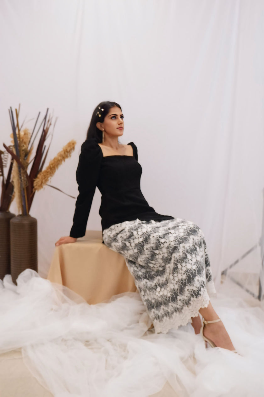 Black & Lace Contrast Midi Dress (Ready to Ship)