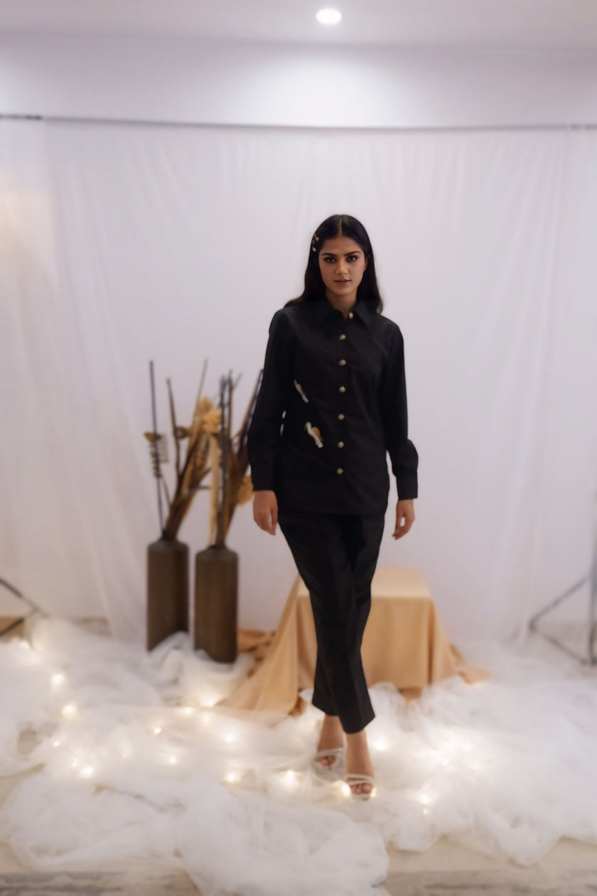 Minimal Black Embroidered Co-Ord Set (Ready to Ship)