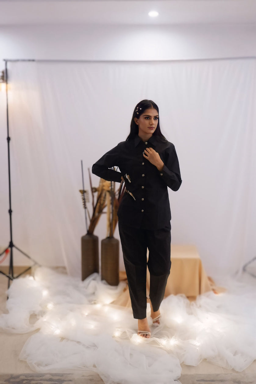 Minimal Black Embroidered Co-Ord Set (Ready to Ship)