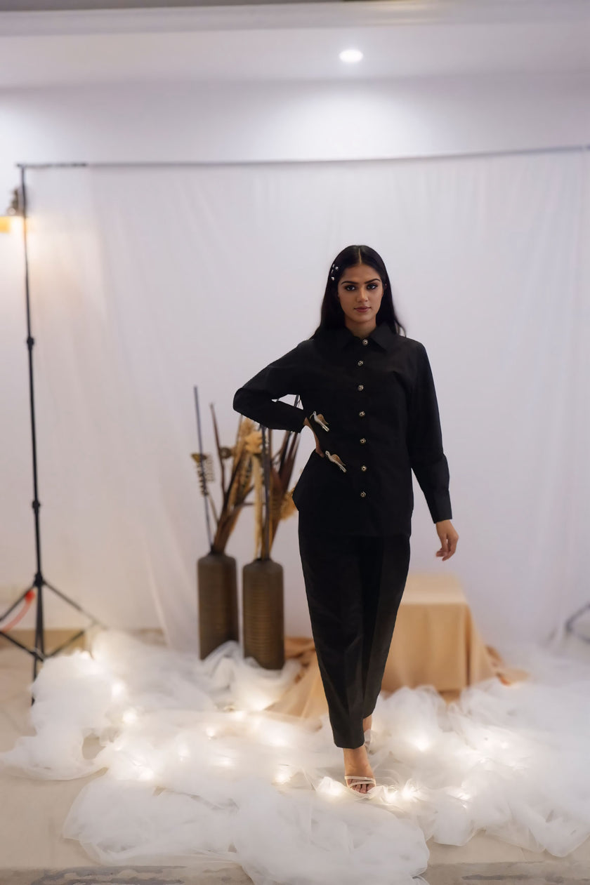 Minimal Black Embroidered Co-Ord Set (Ready to Ship)