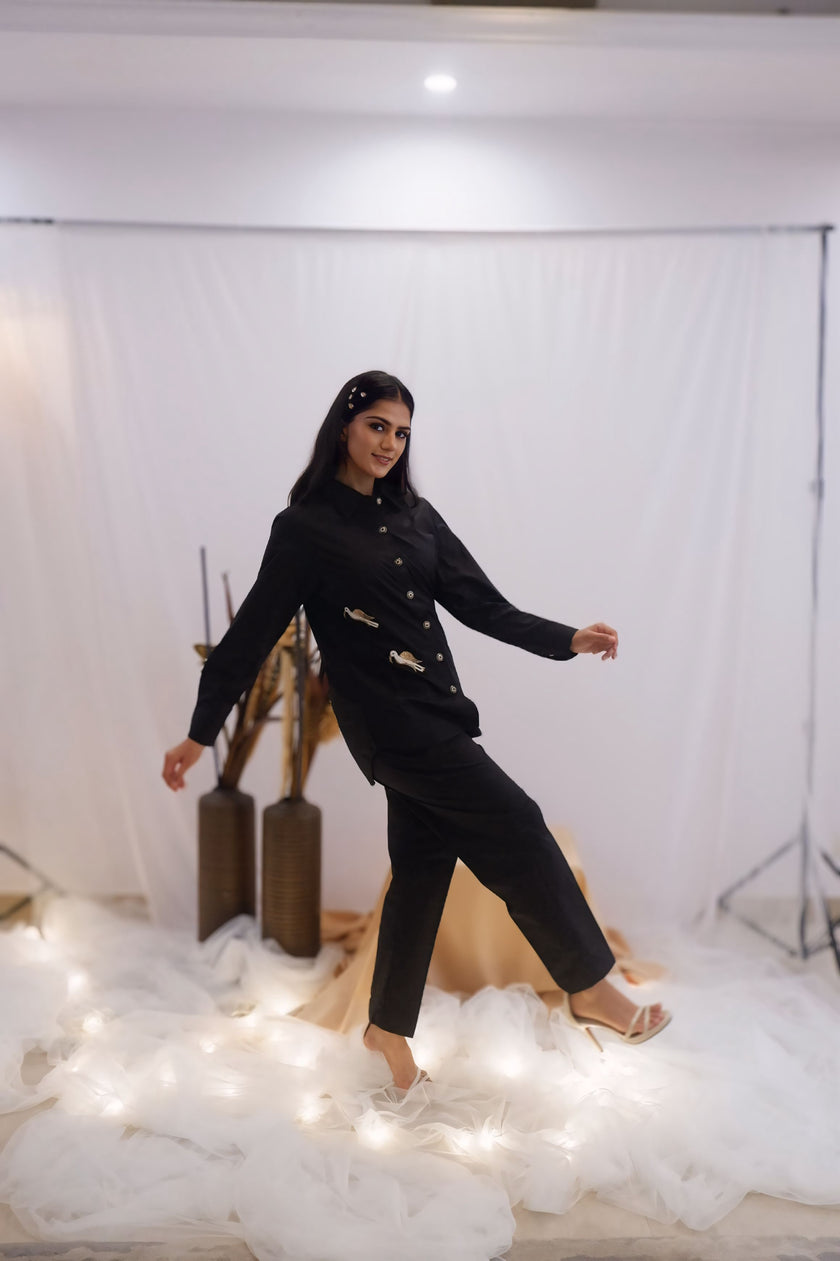 Minimal Black Embroidered Co-Ord Set (Ready to Ship)